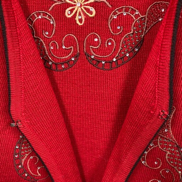 Horrena Red Knit Cardigan Sweater‎ Set, Size XXL, Embroidery Rhinestones NEW - Picture 9 of 16